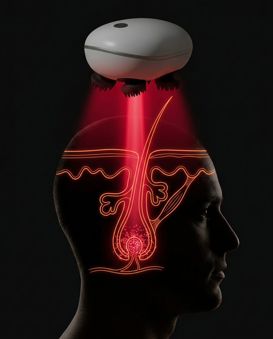 Diagram of red light penetrating the scalp to the hair follicle from the massager