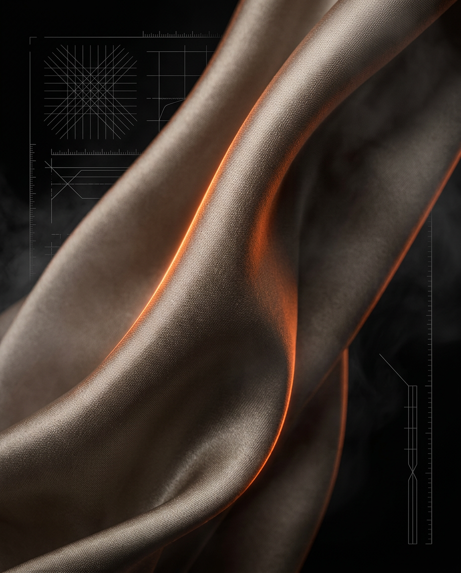 Macro of flowing taupe satin drape lit with a warm orange edge glow