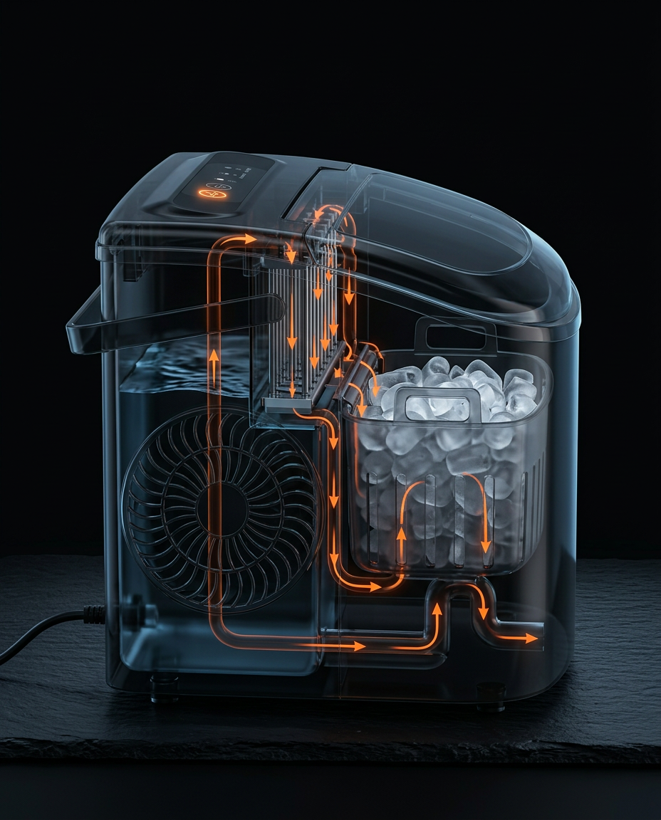 Cutaway of the ice maker showing internal self-cleaning water flow path