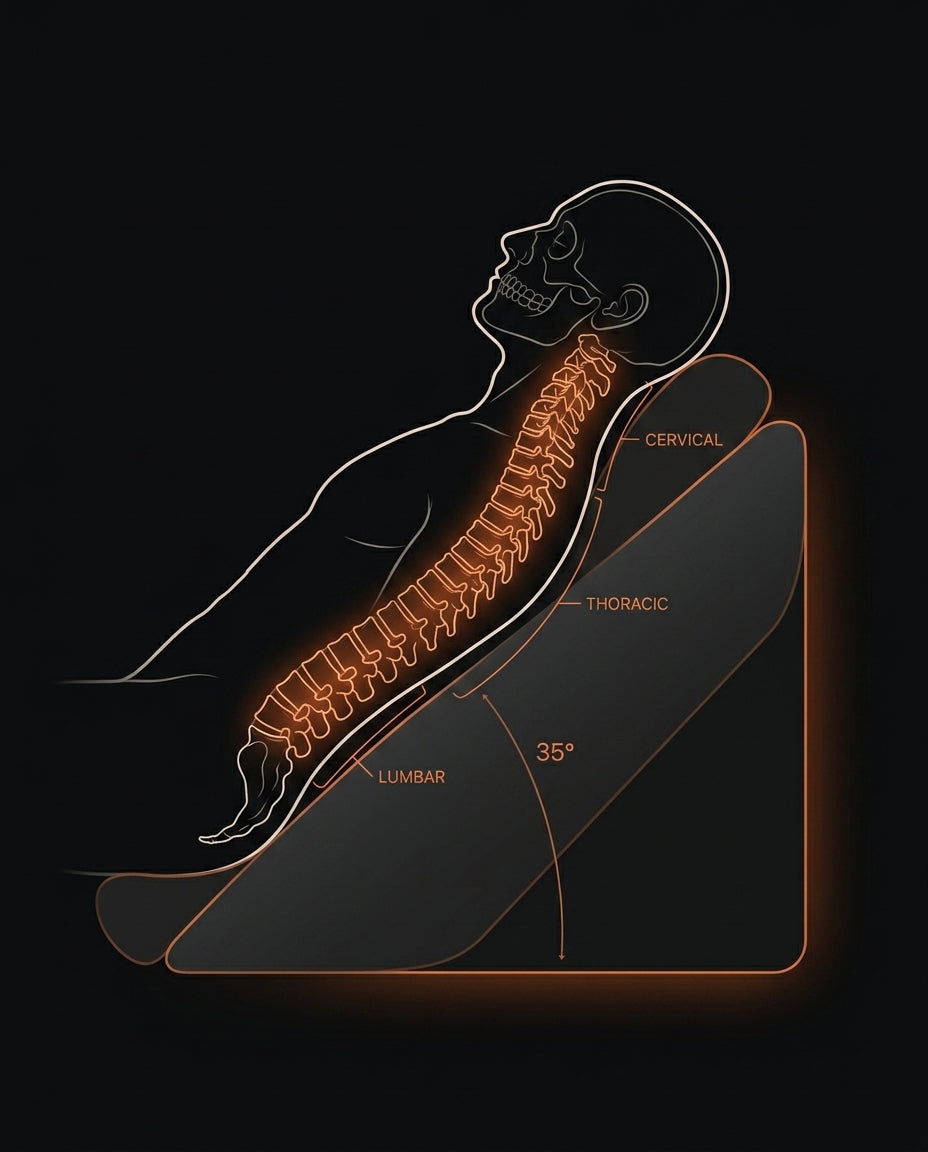 Spinal alignment diagram of a person reclined on the 35 degree wedge with labeled vertebrae