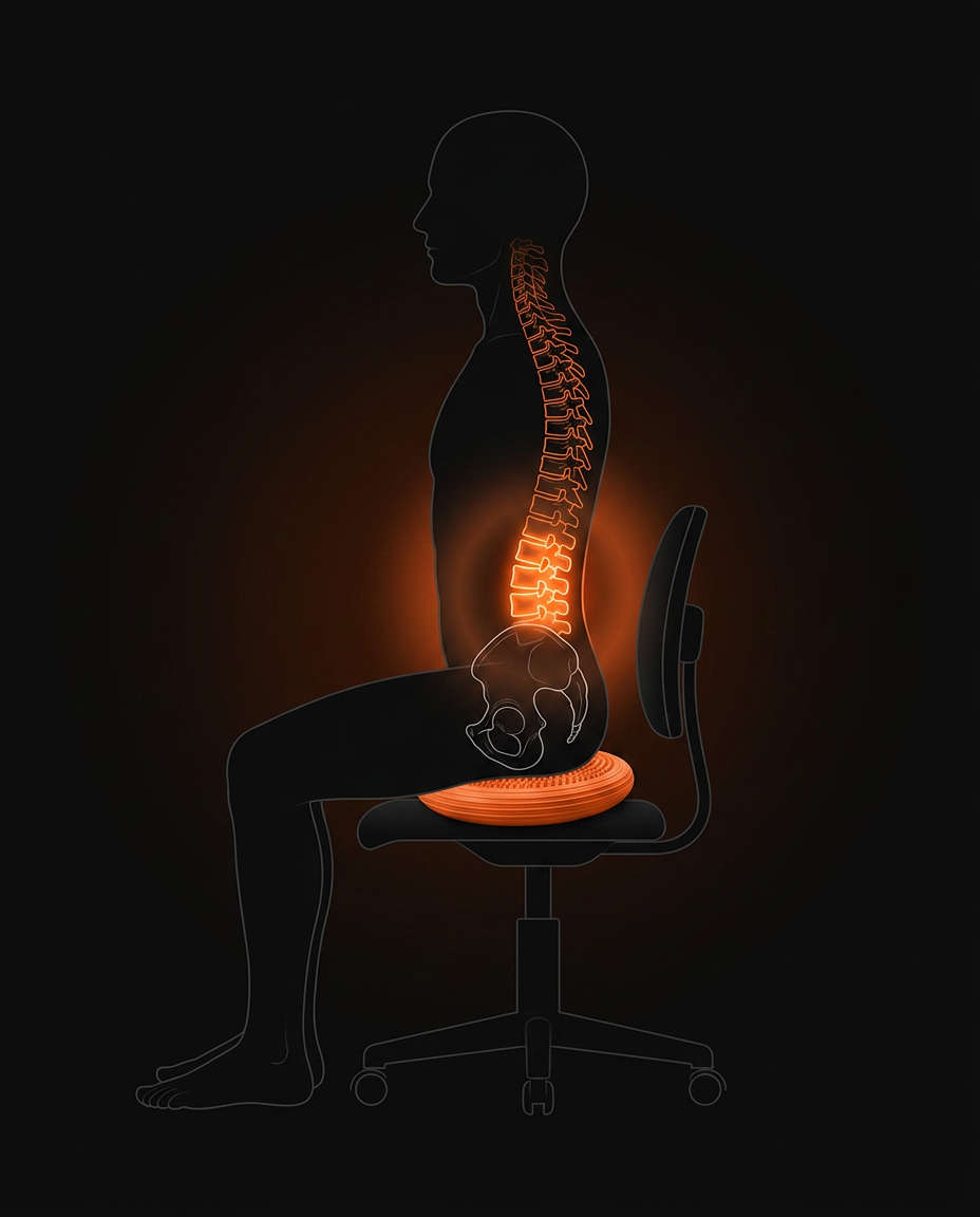 Diagram of seated posture with spine aligned on the balance disc atop an office chair