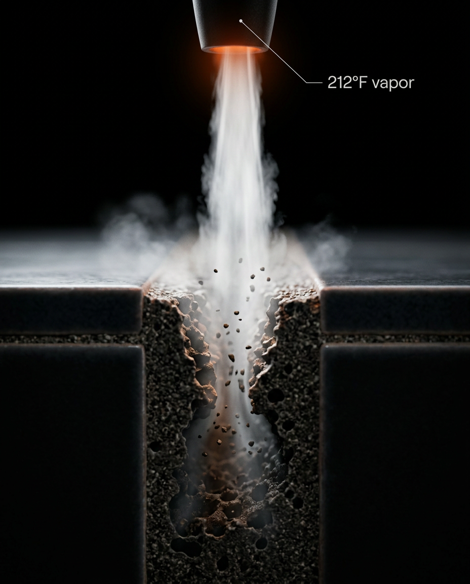 Diagram of 212F steam vapor penetrating deep into a dirty tile crevice