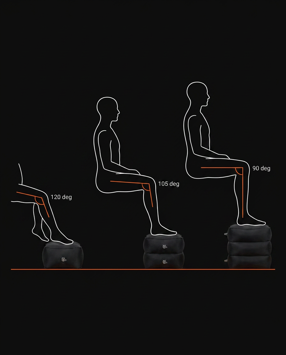 Diagram comparing three seated leg angles using the footrest at each height