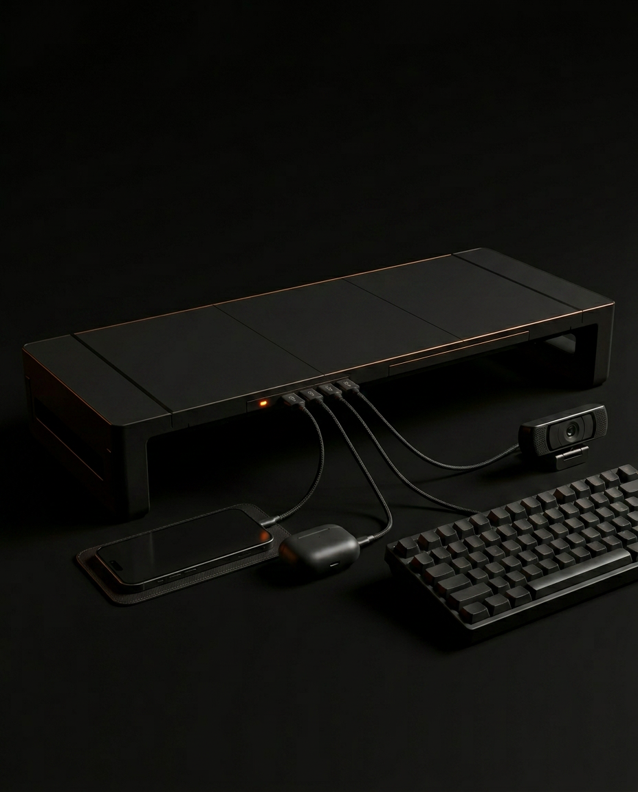 Riser USB hub connected to keyboard, webcam and phone on a desk