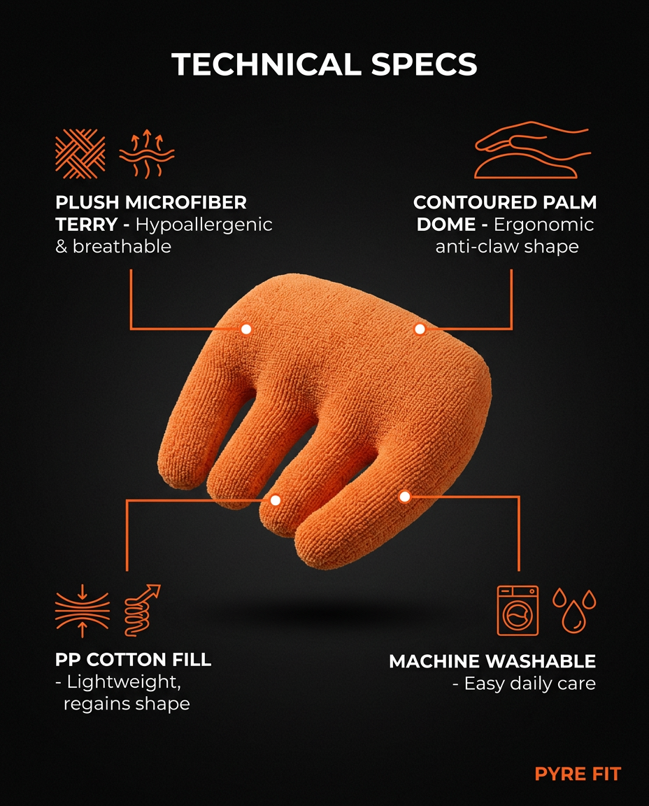Technical specs of the hand cushion: microfiber terry, palm dome, cotton fill, washable
