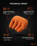 Technical specs of the hand cushion: microfiber terry, palm dome, cotton fill, washable