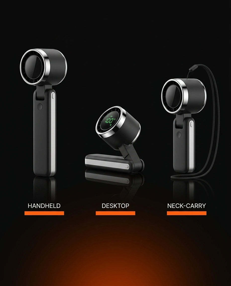 Diagram of three fan modes: handheld, desktop stand, and neck-carry use