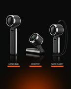 Diagram of three fan modes: handheld, desktop stand, and neck-carry use