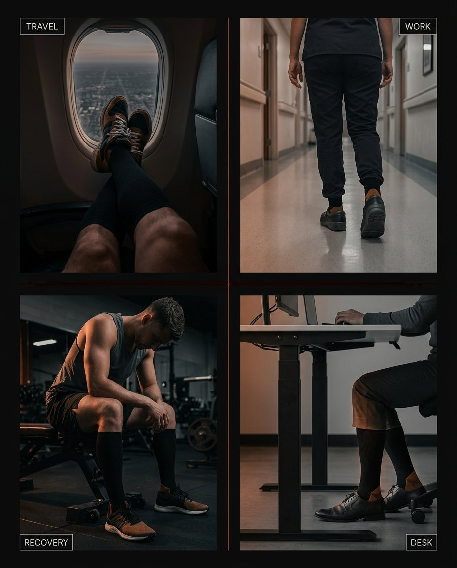 Four-panel grid of compression socks used for travel, work, recovery and desk