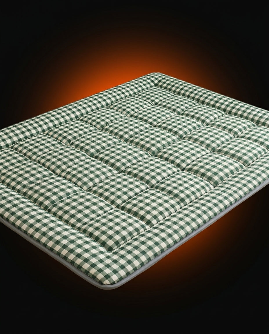 Green gingham check quilted floor mattress on a dark backdrop with orange glow