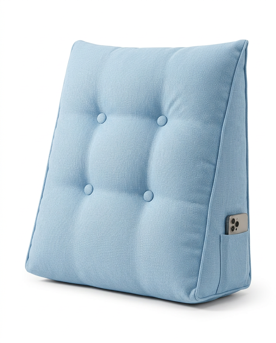 Sky blue tufted reading backrest wedge cushion, side view on white