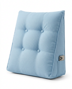 Sky blue tufted reading backrest wedge cushion, side view on white