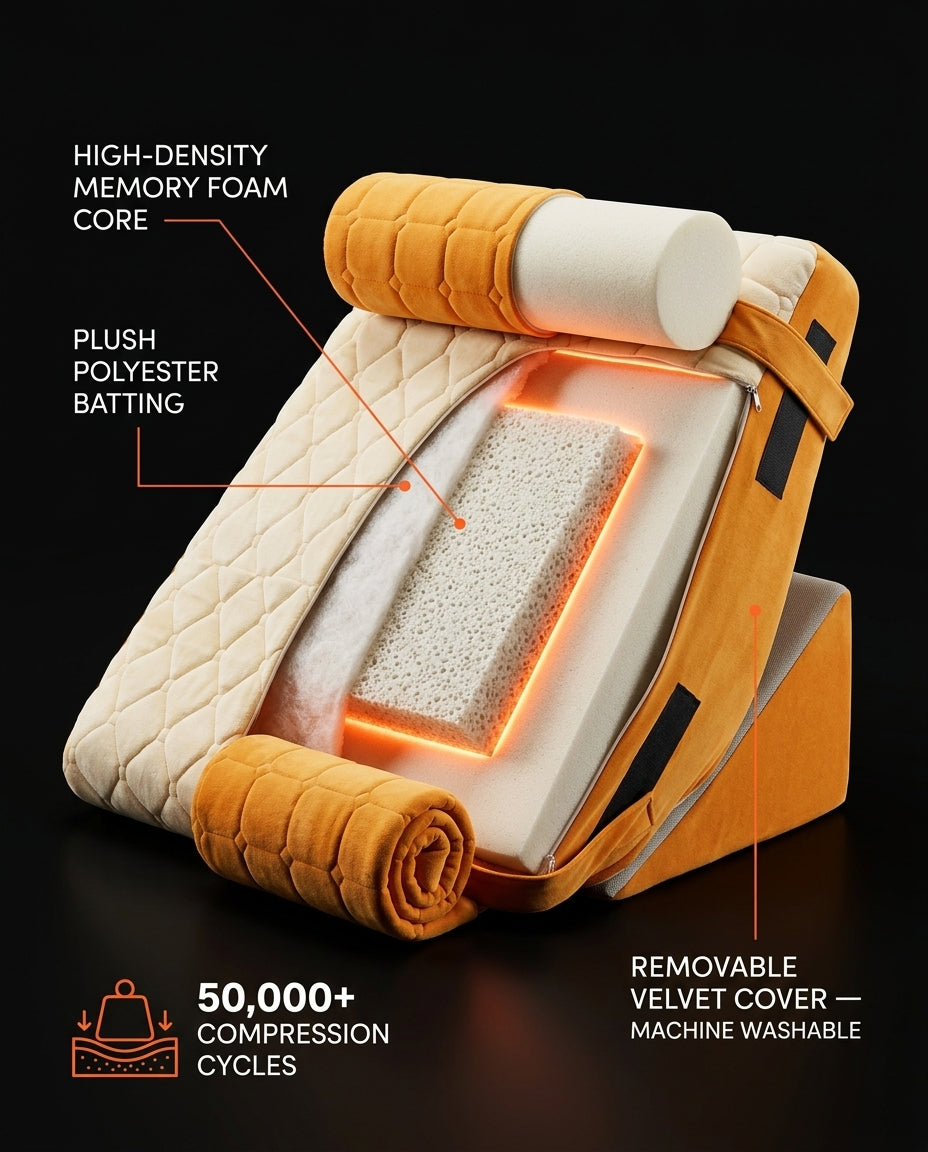 Cutaway of memory foam core, polyester batting and removable velvet cover