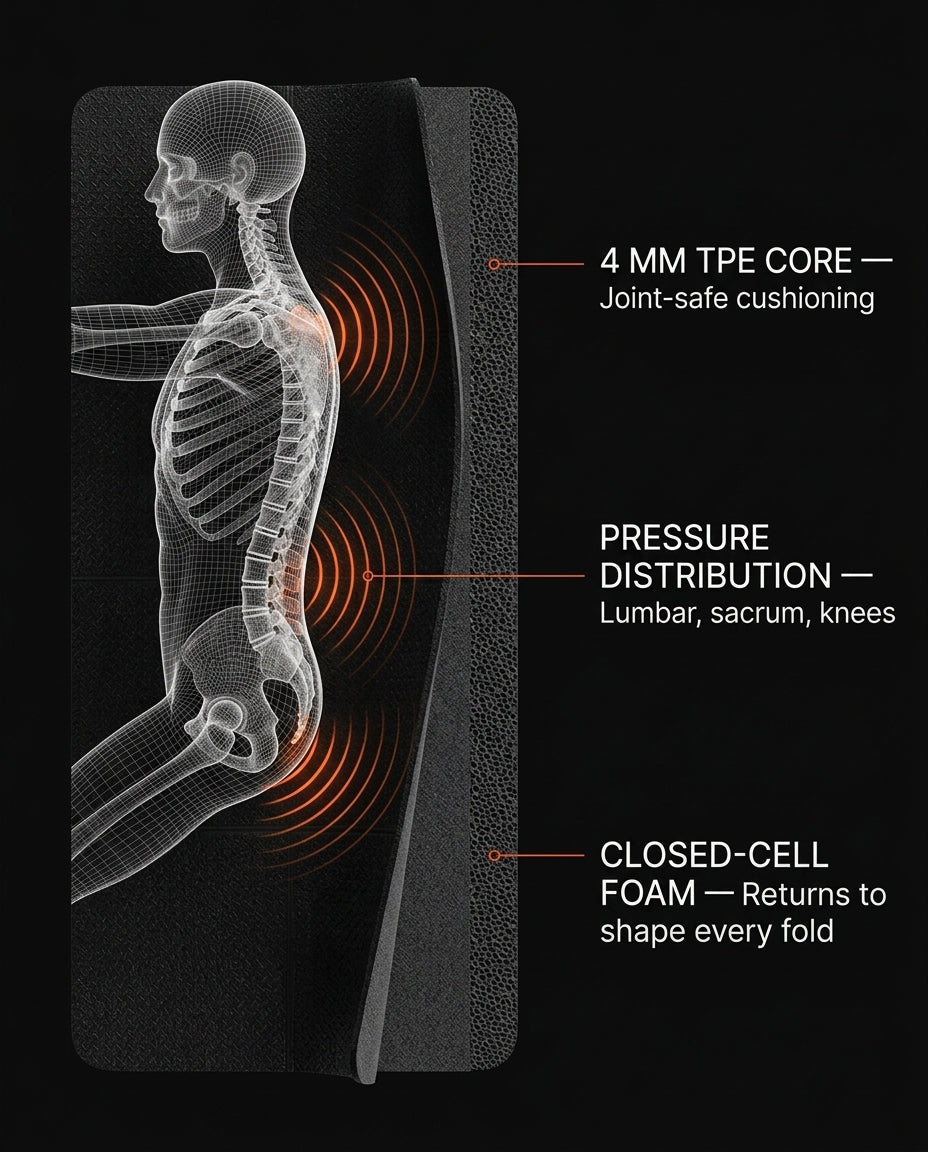 Diagram of the mat's 4 mm TPE foam cushioning the spine and joints