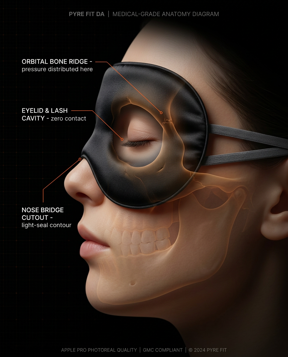 Anatomy diagram showing the contoured eye mask fitting orbital bone and nose