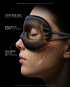 Anatomy diagram showing the contoured eye mask fitting orbital bone and nose