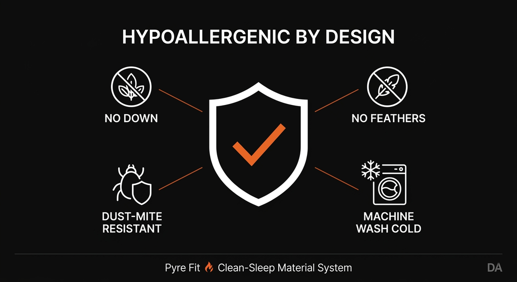 Hypoallergenic infographic with no down, dust-mite resistant and washable icons