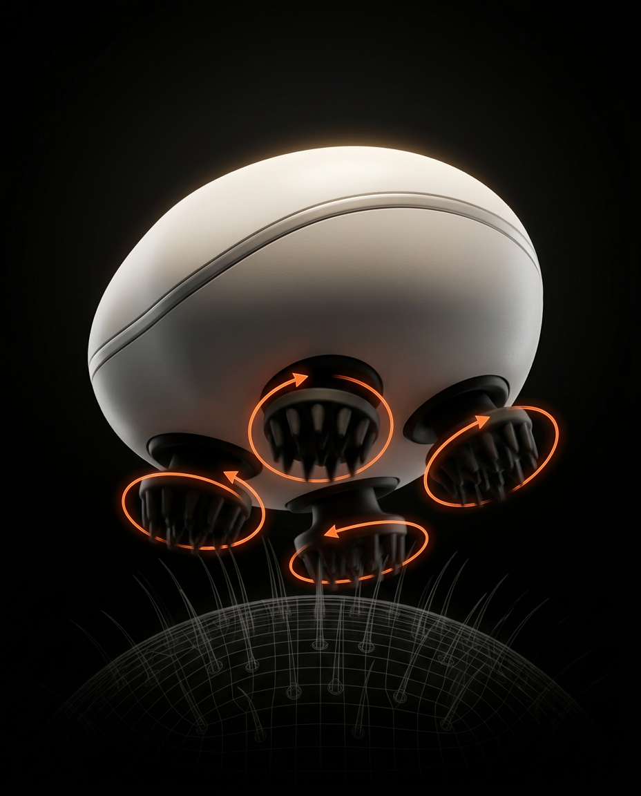 Diagram of the scalp massager claws rotating to show the kneading motion