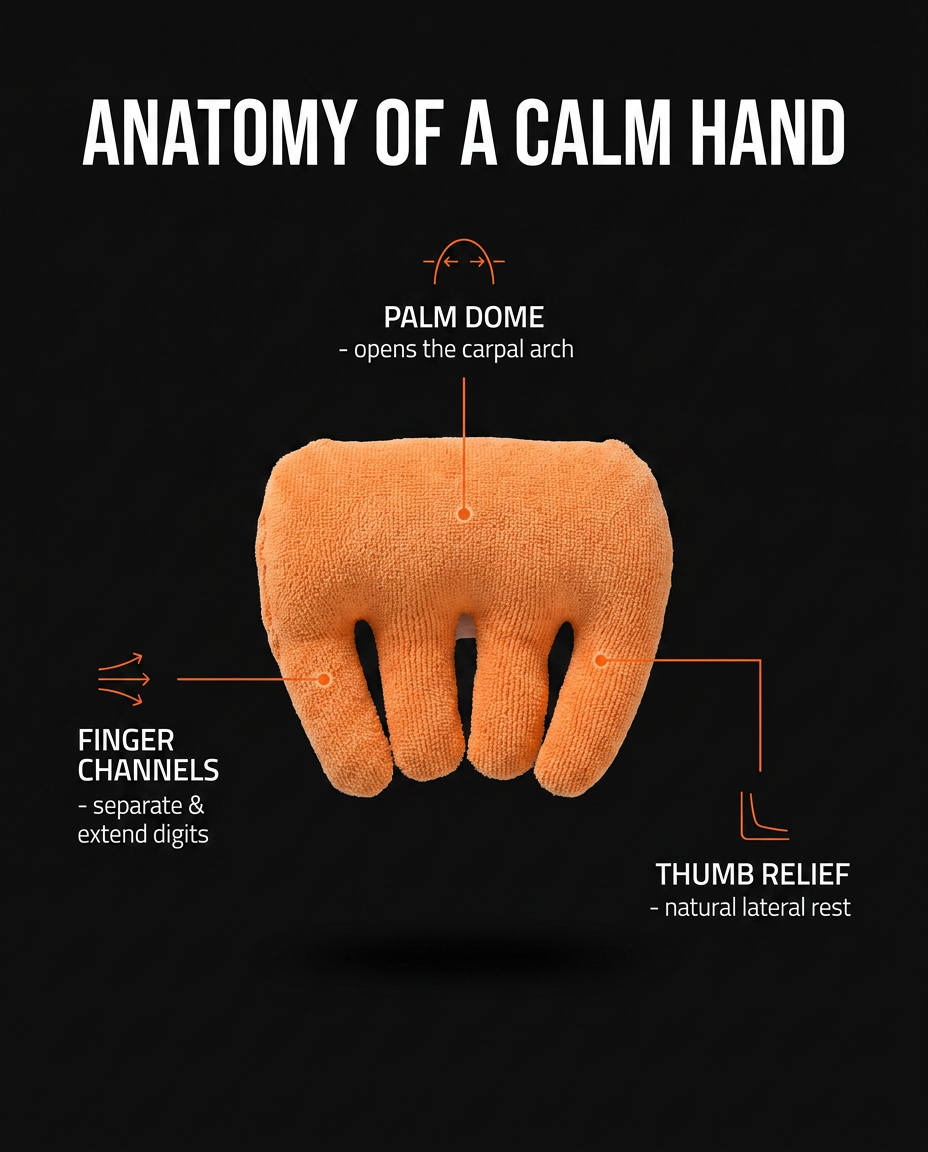Anatomy diagram of the hand cushion's palm dome, finger channels and thumb relief
