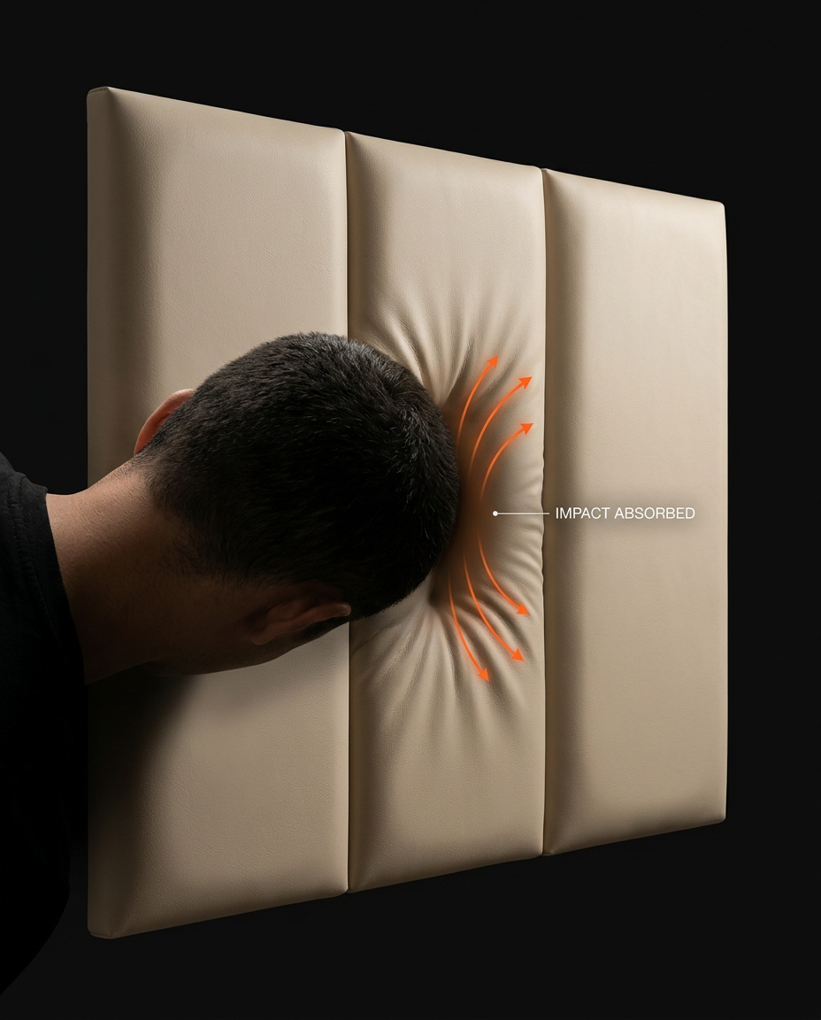 Diagram showing a head cushioned safely against the padded upholstered wall panel