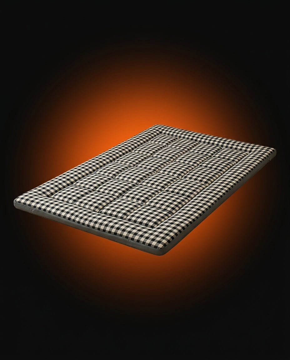 Black and white gingham check quilted floor mattress with orange glow