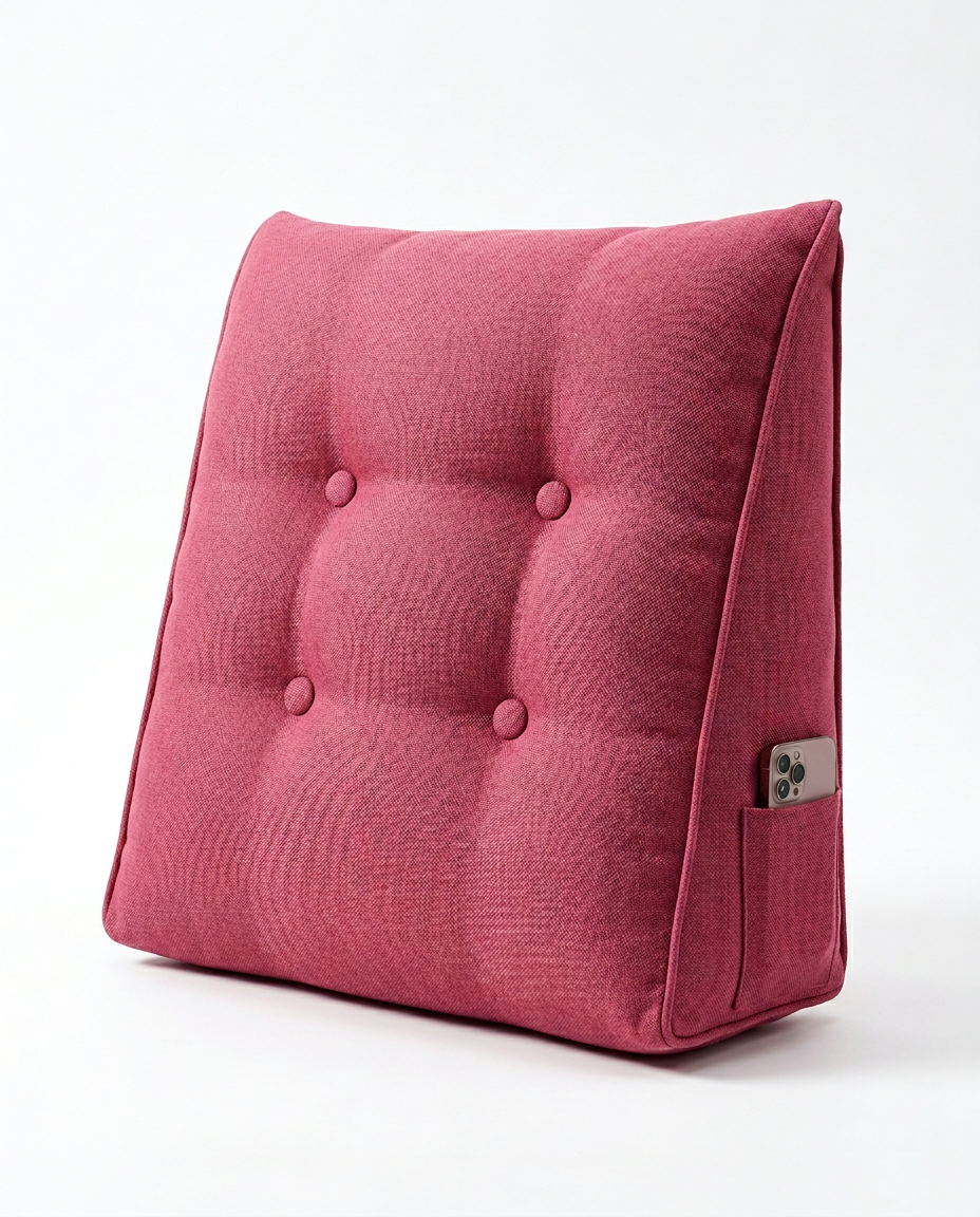 Rose pink tufted reading backrest wedge cushion with side pocket on white