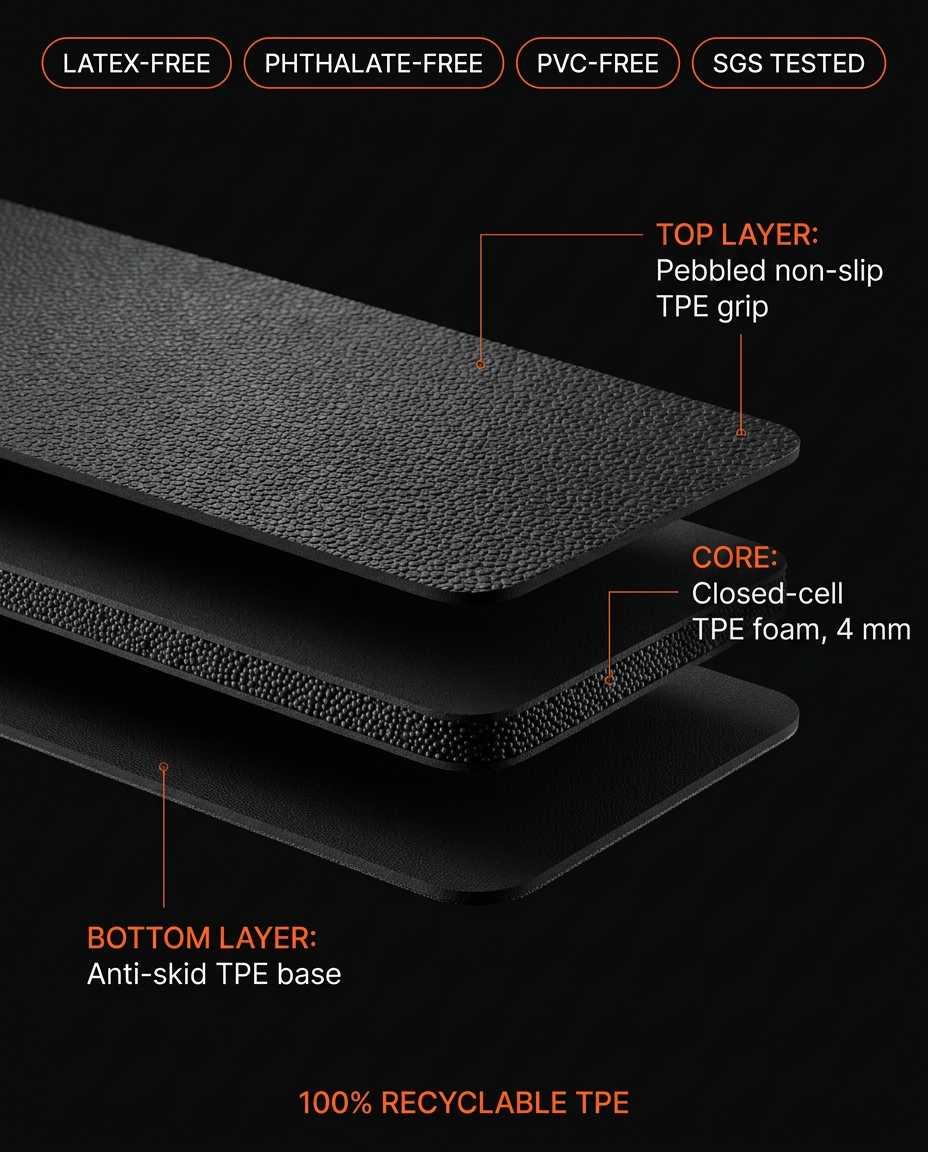 Cross-section of the yoga mat's non-slip top, foam core and anti-skid base