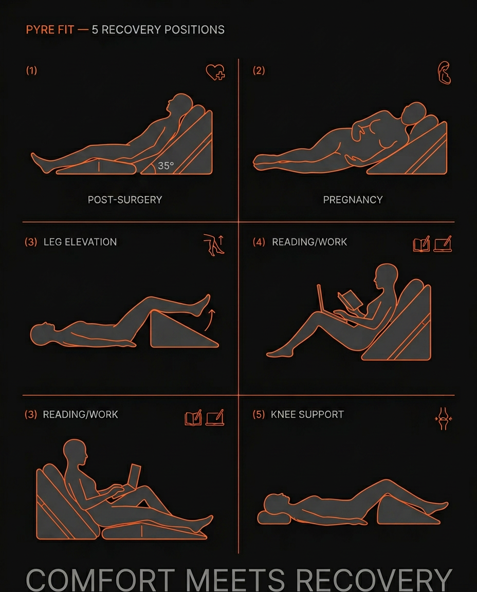 Infographic showing five wedge lounger recovery positions: post-surgery, pregnancy, leg elevation, reading, knee support