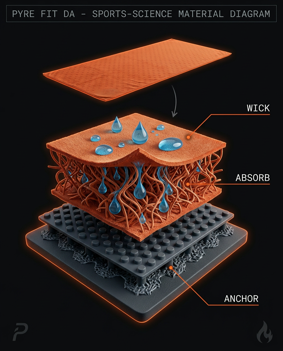 Cutaway diagram of yoga towel wick, absorb, and anchor material layers
