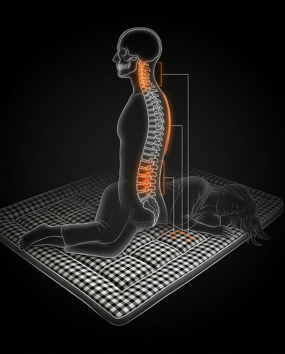 Diagram of the spine aligned while lying on the supportive floor mattress