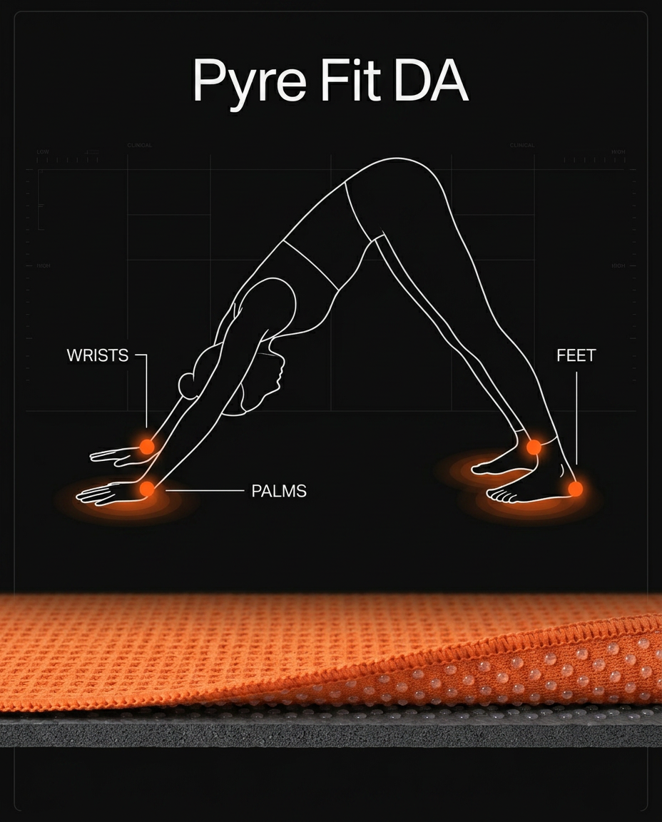 Diagram of downward-dog pose with towel grip points at wrists, palms, feet