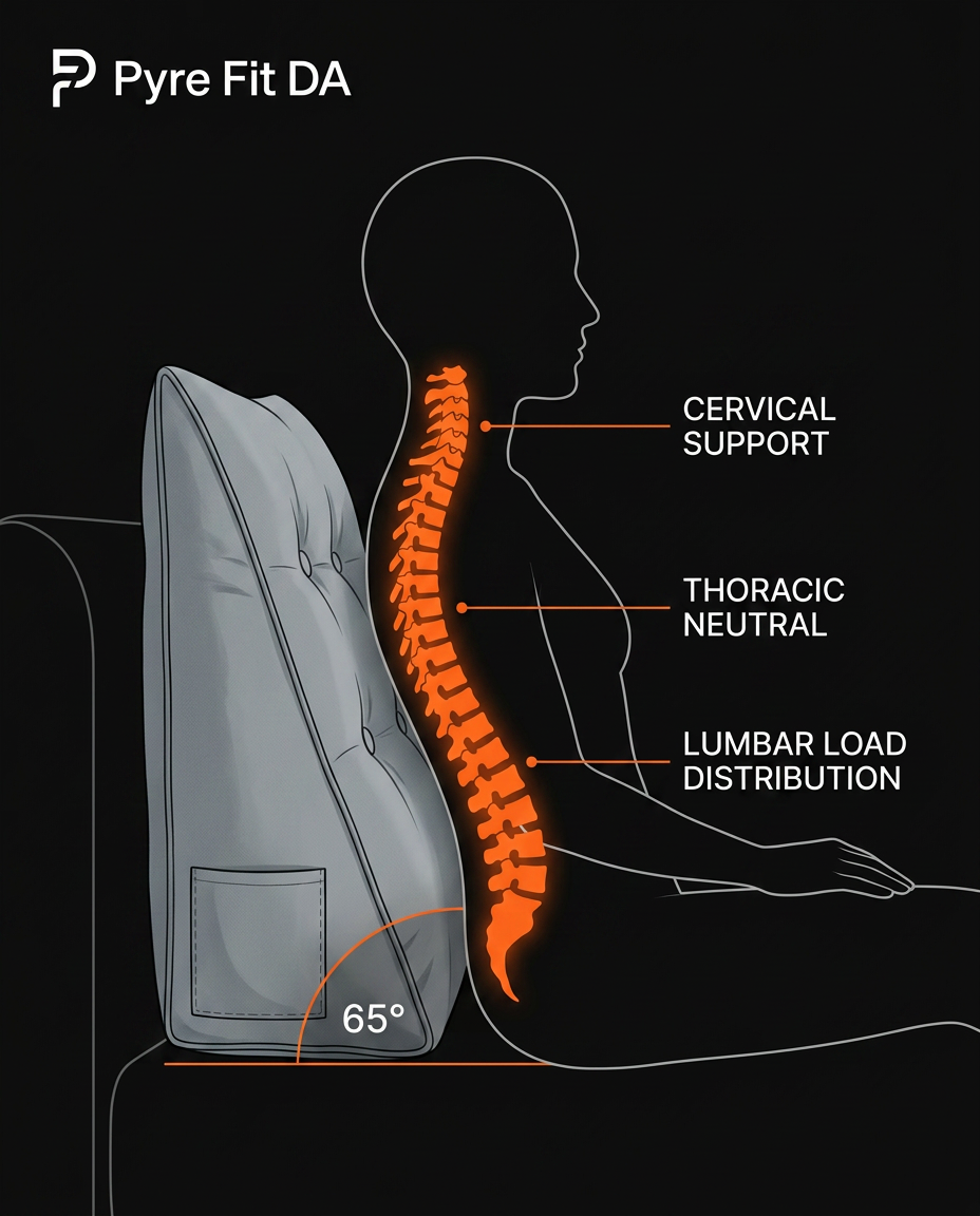 Spinal alignment diagram showing the backrest cushion supporting the back