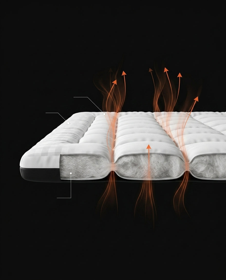 Cutaway of the mattress with arrows illustrating airflow and breathability