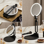 Grid of the black LED magnifying mirror folded and standing upright on marble vanities