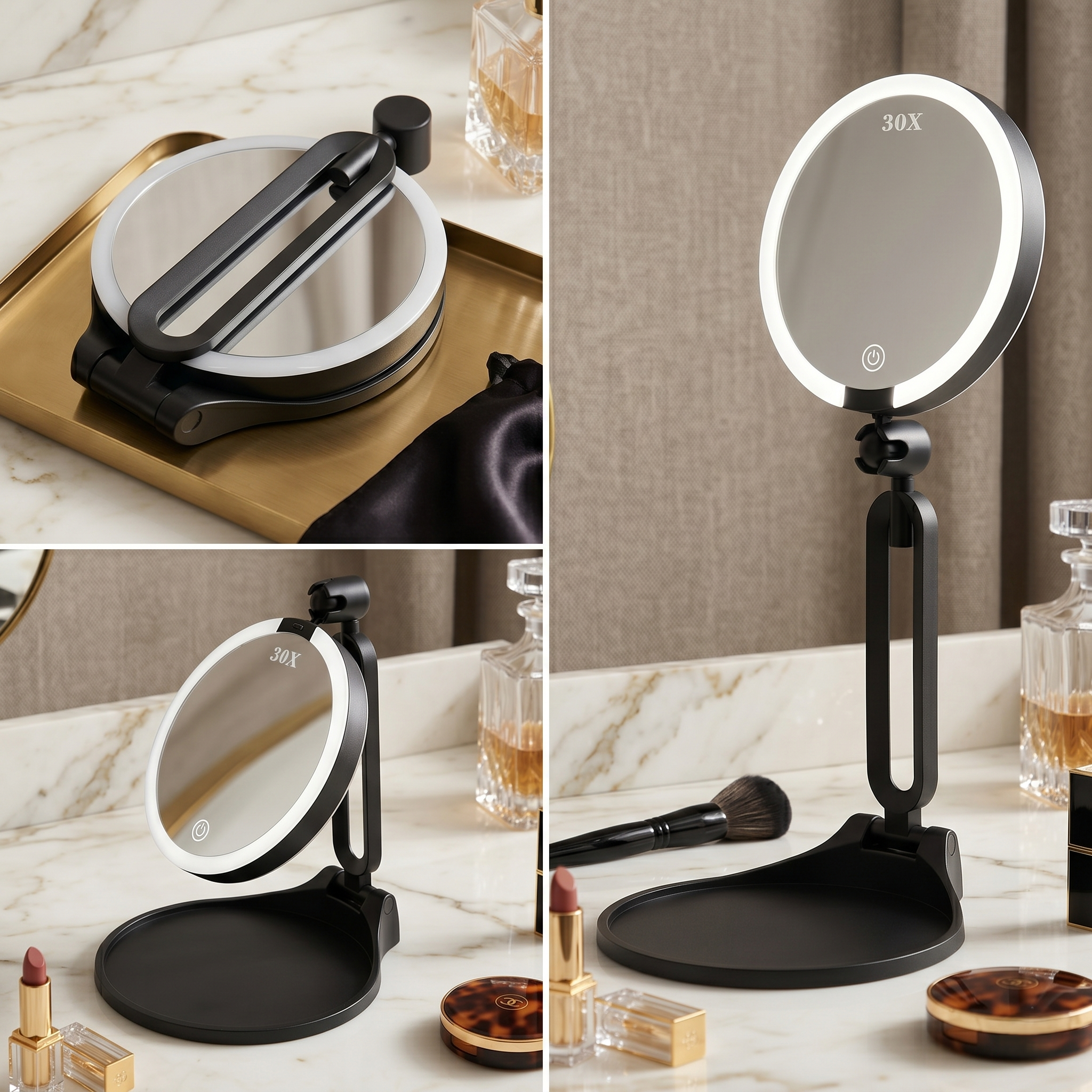 Grid of the black LED magnifying mirror folded and standing upright on marble vanities