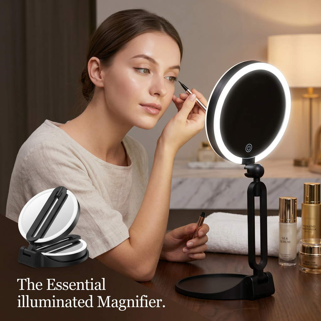 Woman using the illuminated LED magnifying makeup mirror at a vanity