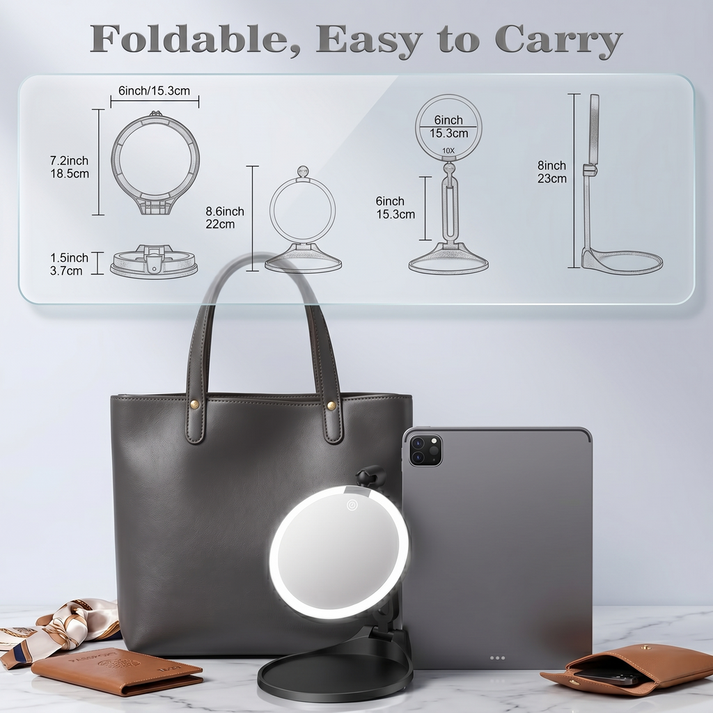 Infographic showing the foldable LED mirror's dimensions and portability with a handbag