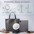 Infographic showing the foldable LED mirror's dimensions and portability with a handbag