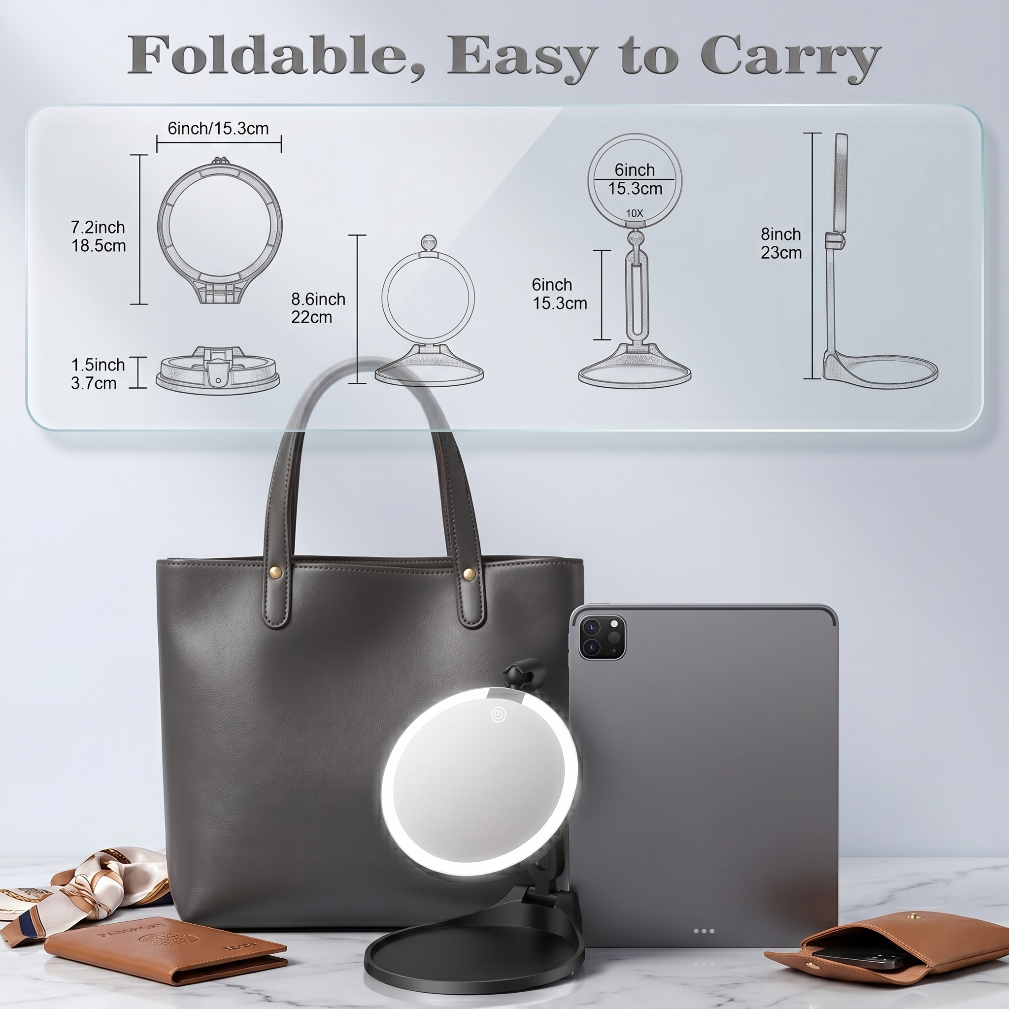 Infographic showing the foldable LED mirror's dimensions and portability with a handbag