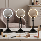 Three LED makeup mirrors showing cool, natural and warm light modes side by side