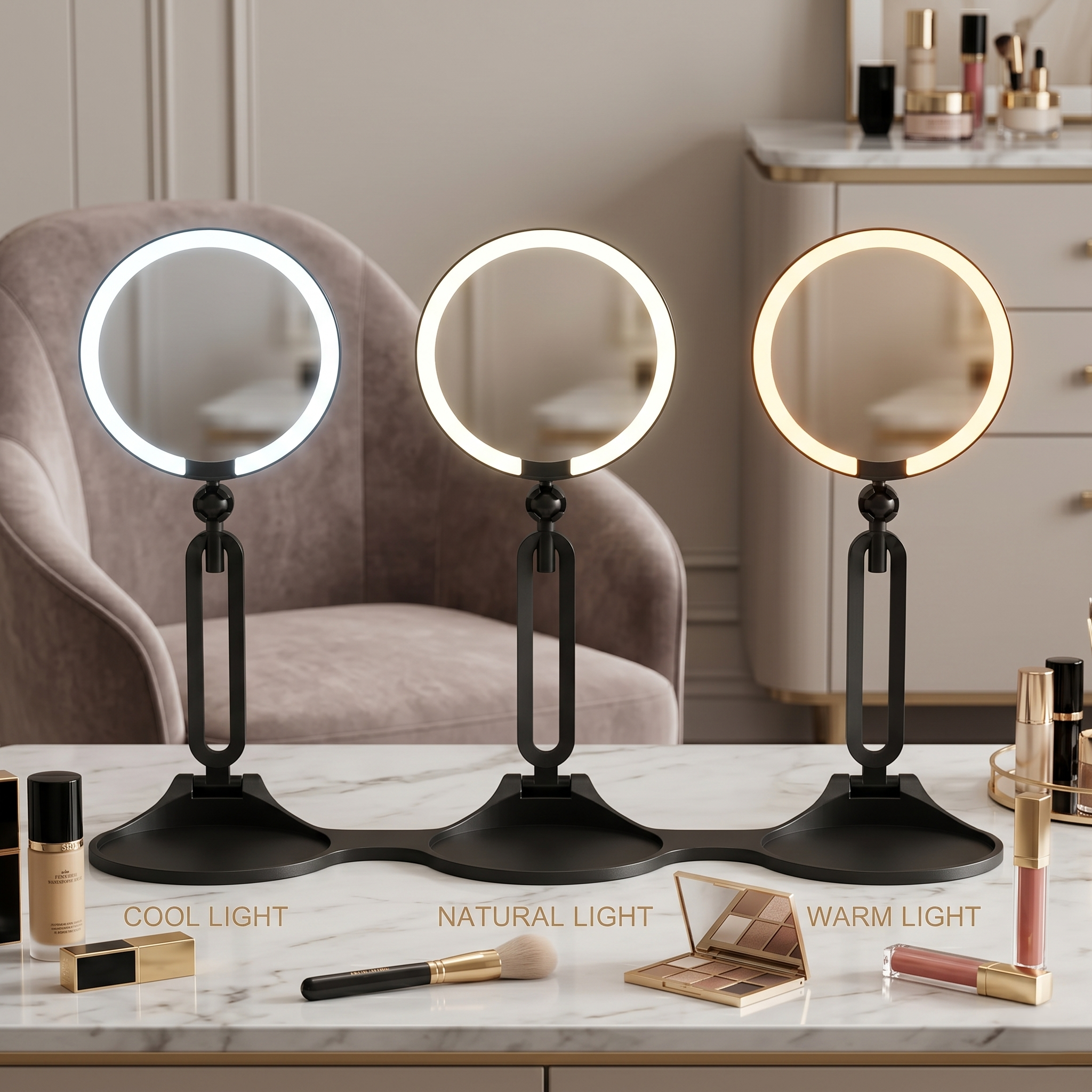 Three LED makeup mirrors showing cool, natural and warm light modes side by side