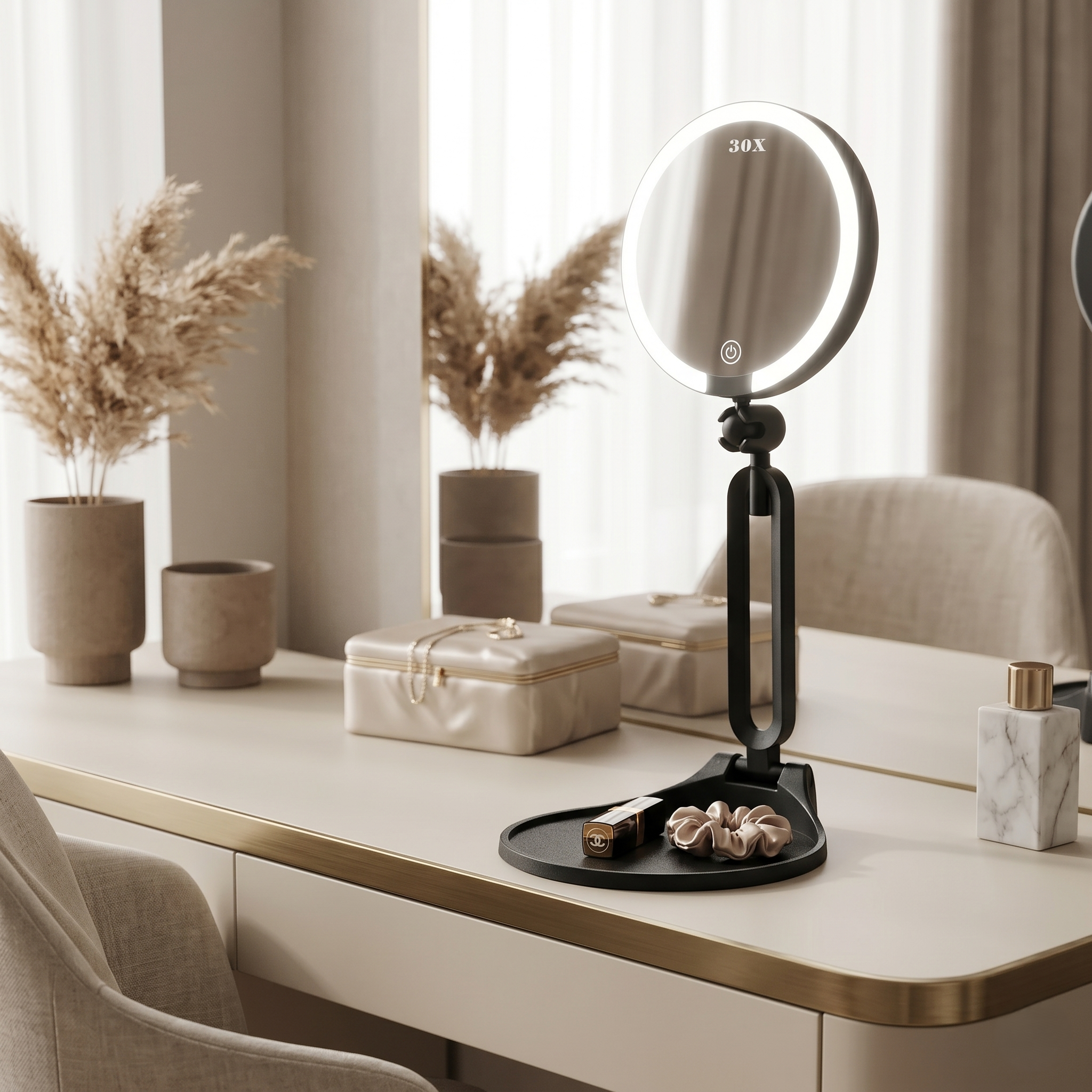 Round LED makeup mirror with black stand on a bright vanity with pampas decor