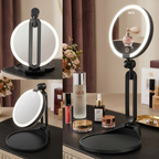 Grid of the LED makeup mirror shown lit, folded flat and upright with 30X magnifier