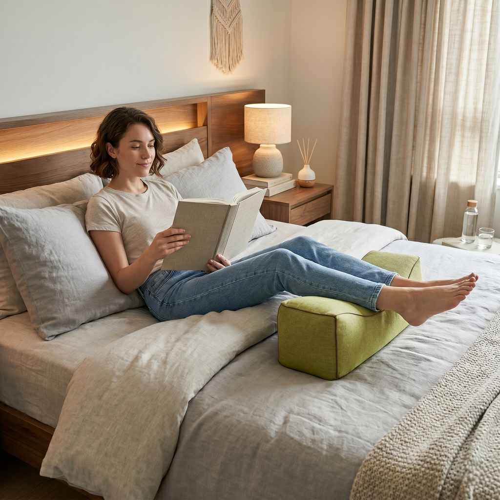 Woman reading in bed resting her legs on the green leg elevation pillow