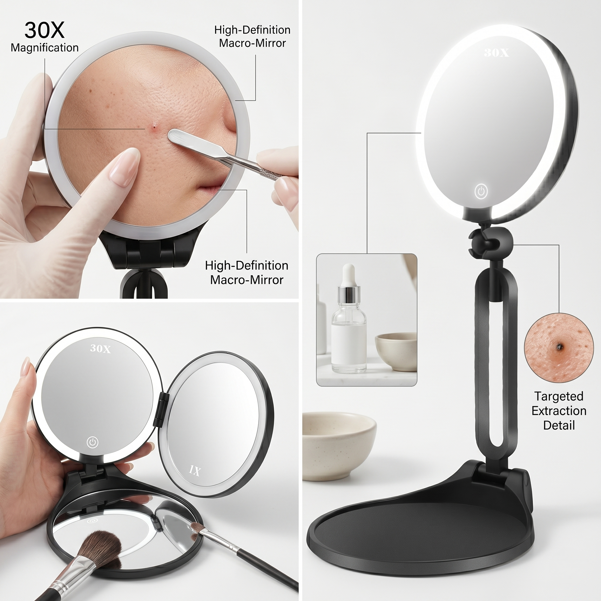 Infographic of the 30X magnification mirror showing close-up skin detail