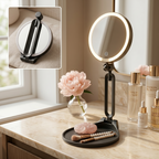LED makeup mirror lit on a vanity with peony, inset showing it folded flat