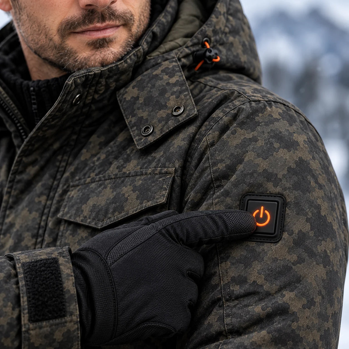 Beheizbare Herrenjacke in Camouflage PyreFit Alpino, Bedienknopf im Detail