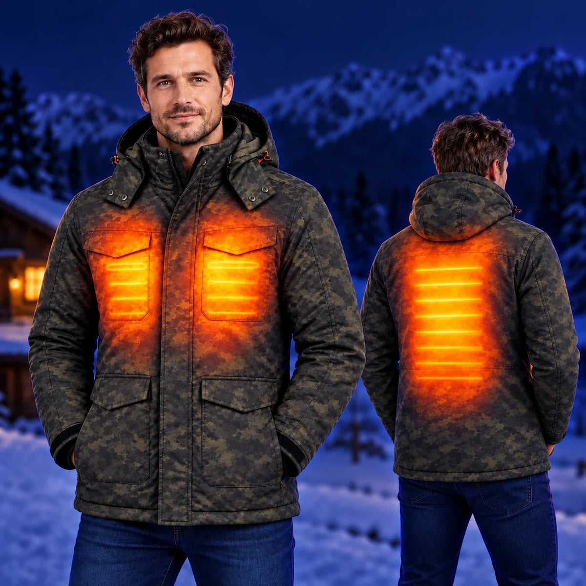 Beheizbare Herrenjacke in Camouflage PyreFit Alpino – Wärme an Brust und Rücken