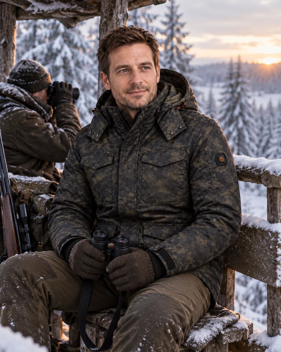 Beheizbare Herrenjacke in Camouflage PyreFit Alpino im Winteralltag: Auf dem Hochsitz