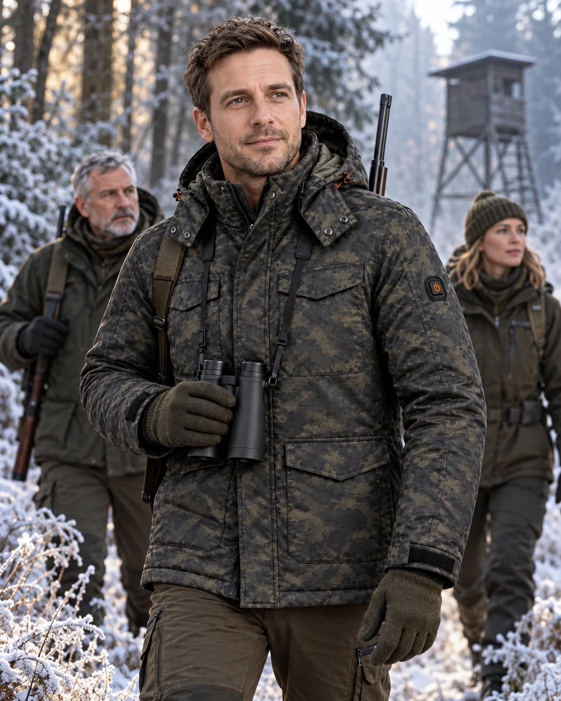 Beheizbare Herrenjacke in Camouflage PyreFit Alpino im Winteralltag: Im Revier